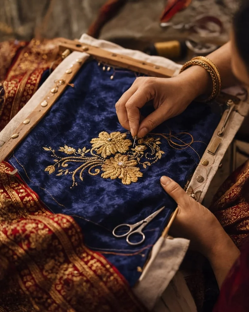 Artisan hands working gold embroidery on deep blue velvet